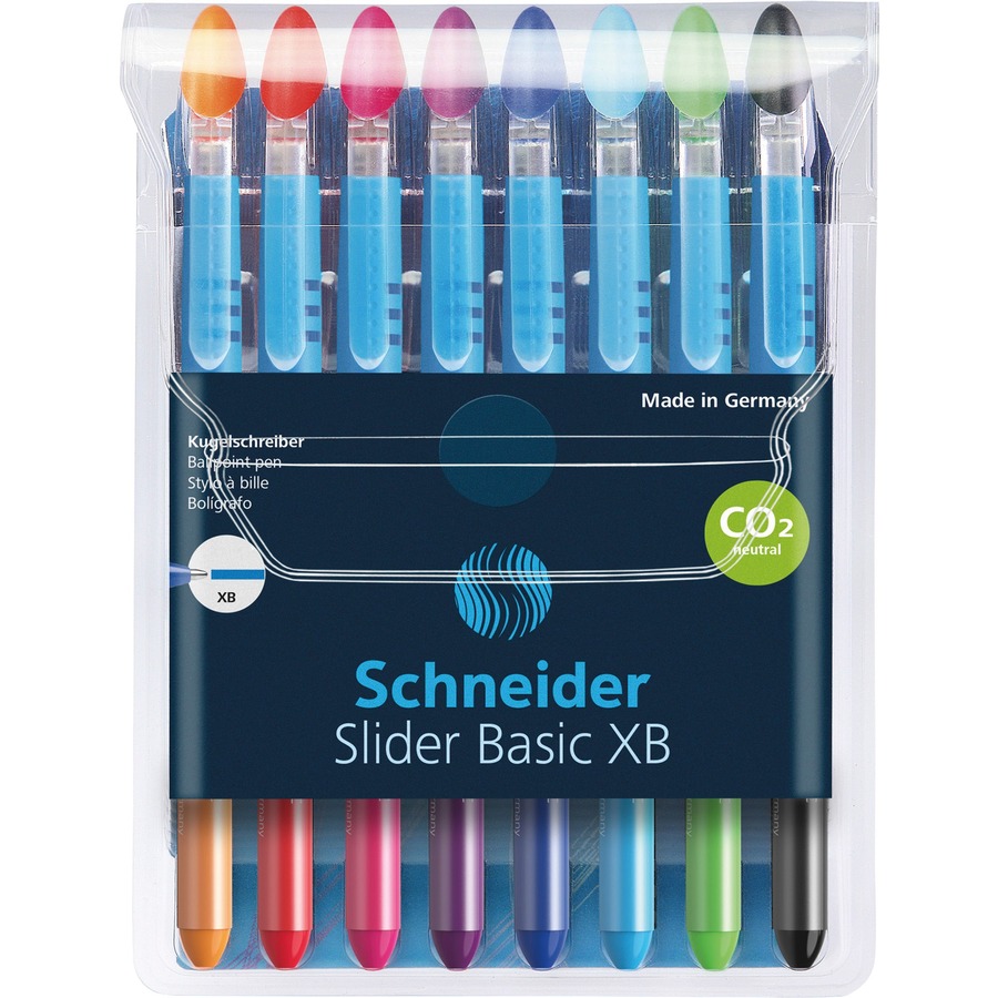Schneider Slider Basic XB Ballpoint Pens Wallet - Extra Broad Pen Point - 1.4 mm Pen Point Size - Black, Red, Blue, Light Green, Orange, Violet, Pink, Light Blue - Transparent Rubberized, Black, Red, Blue, Light Green, Orange, Violet, Pink, Light Blue Barrel - Stainless Steel Tip - 8 / Piece