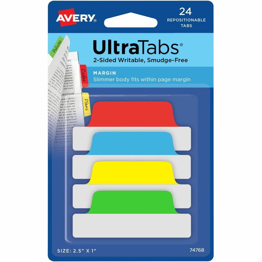 Avery® 2-sided Writable Margin Ultra Tabs - 24 Tab(s) - 1" Tab Height x 2.50" Tab Width - Red Film, Clear Paper, Yellow, Green, Blue Tab(s) - 24 / Pack