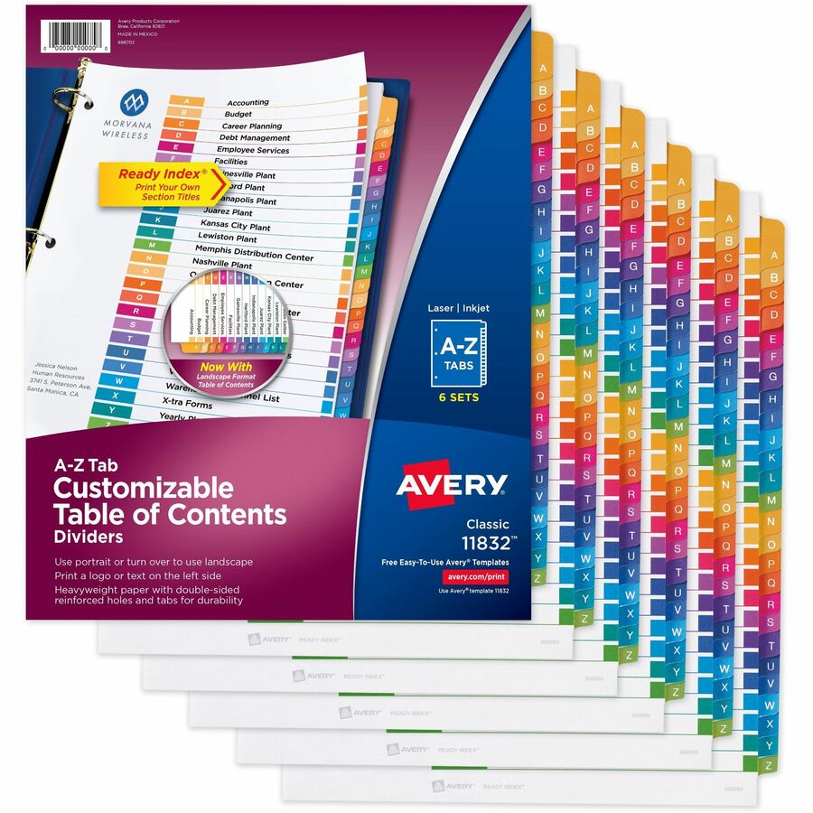 Avery® A-Z Customizable Multicolor TOC Dividers - 156 x Divider(s) - A-Z, Table of Contents - 26 Tab(s)/Set - 8.5" Divider Width x 11" Divider Length - 3 Hole Punched - White Paper Divider - Multicolor Paper Tab(s) - 6 / Pack