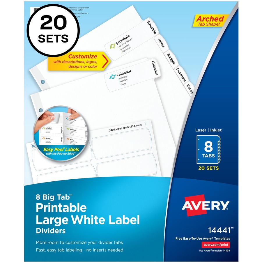 Avery® Big Tab Printable Large White Dividers with Easy Peel, 8 Tabs - 160 x Divider(s) - 8 - 8 Tab(s)/Set - 8.5" Divider Width x 11" Divider Length - 3 Hole Punched - White Paper Divider - White Paper Tab(s) - 20 / Box