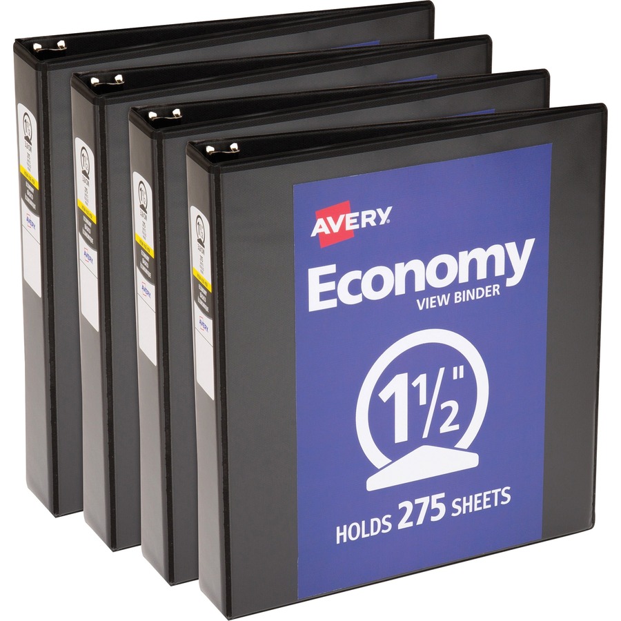 Avery® Economy View Binder - 1 1/2" Binder Capacity - Letter - 8 1/2" x 11" Sheet Size - 275 Sheet Capacity - 3 x Round Ring Fastener(s) - 2 Internal Pocket(s) - Vinyl, Chipboard - Black - Gap-free Ring, Exposed Rivet, Non Locking Mechanism, Clear Overlay - 4 / Bundle