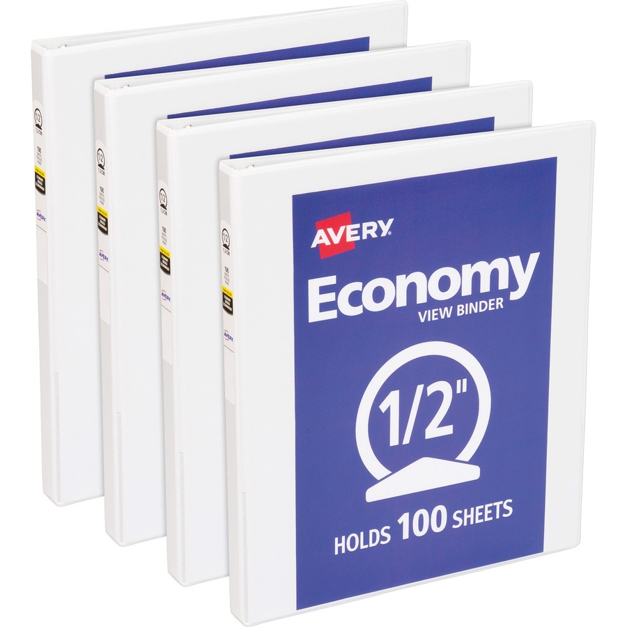 Avery® Economy View Binder - 1/2" Binder Capacity - Letter - 8 1/2" x 11" Sheet Size - 100 Sheet Capacity - 3 x Round Ring Fastener(s) - 2 Internal Pocket(s) - Vinyl, Chipboard - White - 13.12 lb - Gap-free Ring, Exposed Rivet, Non Locking Mechanism, Clear Overlay - 4 / Bundle