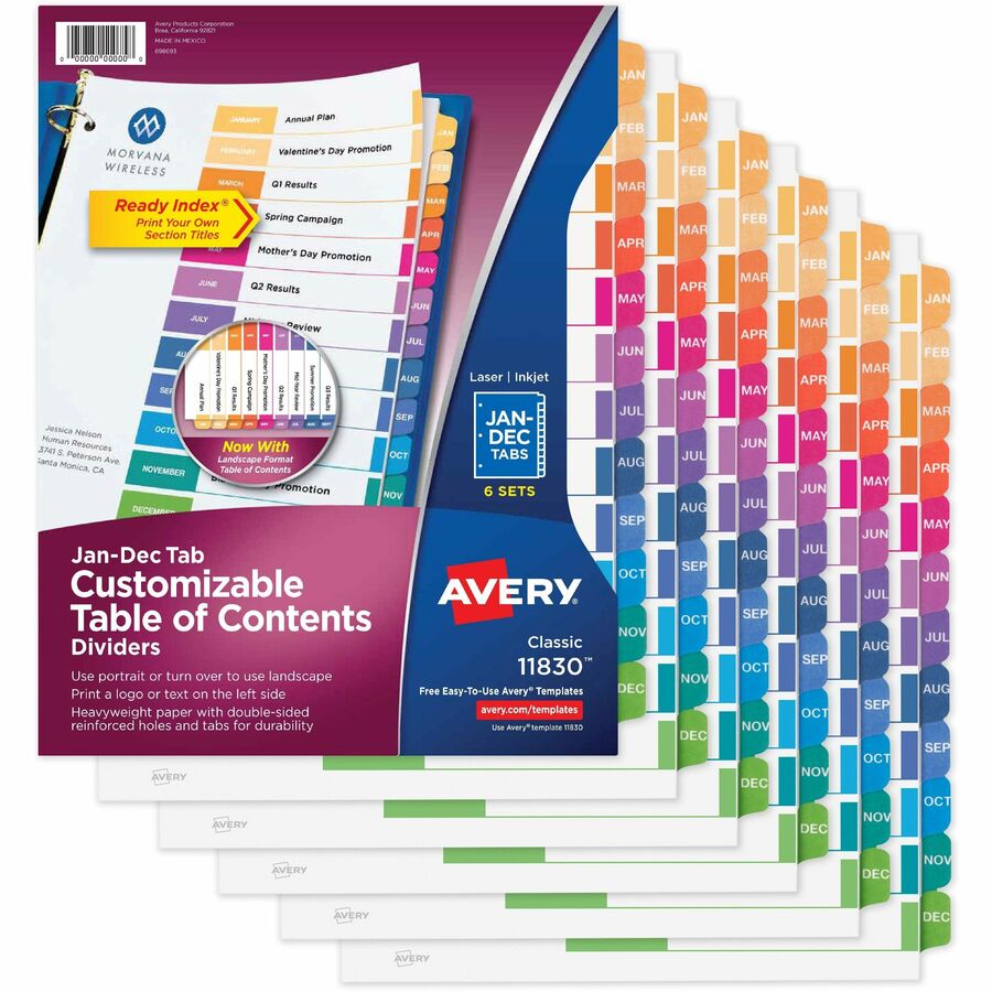 Avery® Ready Index 12 Tab Dividers, Customizable TOC, 6 Sets - 72 x Divider(s) - Jan-Dec, Table of Contents - 12 Tab(s)/Set - 8.5" Divider Width x 11" Divider Length - 3 Hole Punched - White Paper Divider - Multicolor Paper Tab(s) - 6 / Pack