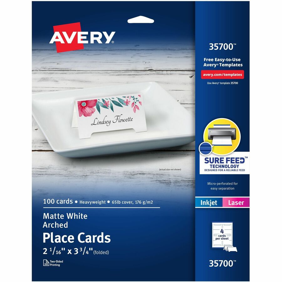 Avery® Sure Feed Arched Tent Cards - 97 Brightness3 3/4" x 2 1/16" - 65 lb Basis Weight - 176 g/m² Grammage - Matte - 5 / Pack - FSC Mix - Printable, Scratch Proof, Die-cut, Perforated, Print-to-the-edge, Pre-scored