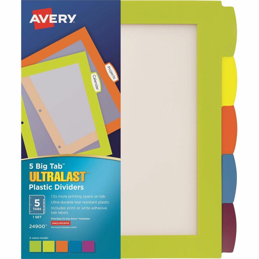 Avery® Ultralast Big Tab Plastic Dividers - 5 x Divider(s) - 5 Write-on Tab(s) - 5 - 5 Tab(s)/Set - 8.5" Divider Width x 11" Divider Length - 3 Hole Punched - Multicolor Plastic Divider - Multicolor Plastic Tab(s) - 1 Each