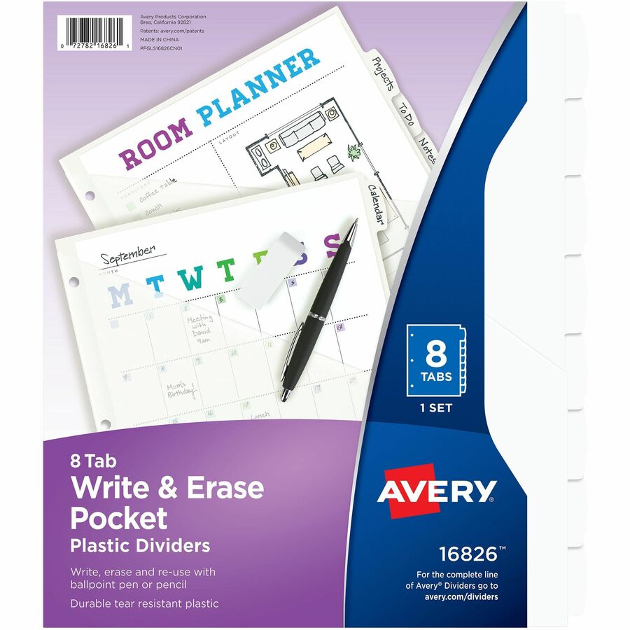 Avery® Write & Erase Pocket Plastic Dividers - 8 x Divider(s) - 8 Write-on Tab(s) - 8 - 8 Tab(s)/Set - 9.3" Divider Width x 11.13" Divider Length - 3 Hole Punched - White Plastic Divider - White Plastic Tab(s) - 2