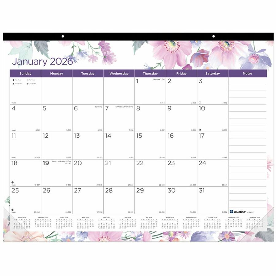 Blueline Passion Floral Desk Pad Calendar - Julian Dates - Monthly - 12 Month - January 2024 - December 2024 - 1 Month Single Page Layout - 22" x 17" Sheet Size - Desk Pad - Floral - Fiber - Reminder Section, Notes Area, Tear-off, Moon Phases, Holiday Listing, Reference Calendar, Unruled Daily Block - 1 Each