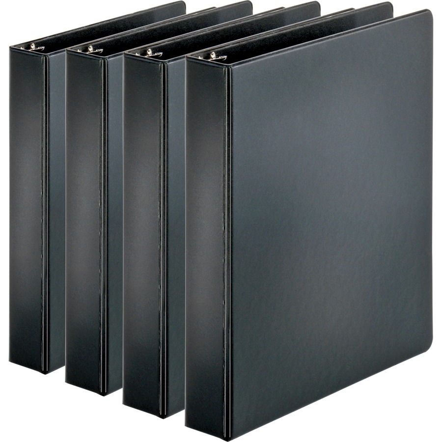 Business Source Basic Round Ring Binders - 1 1/2" Binder Capacity - Letter - 8 1/2" x 11" Sheet Size - 350 Sheet Capacity - 3 x Round Ring Fastener(s) - Internal Pocket(s) - Chipboard, Polypropylene - Black - Exposed Rivet, Sturdy - 4 / Bundle