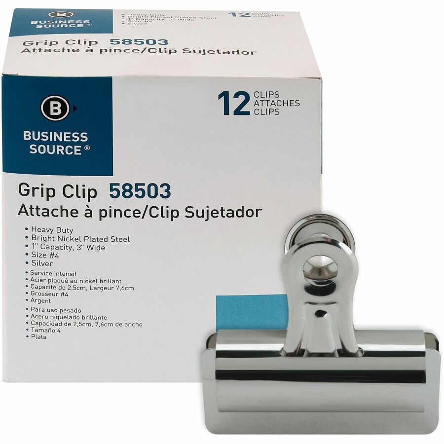 Business Source Bulldog Grip Clips - No. 4 - 3" Width - for Paper - Heavy Duty - 12 / Box - Silver