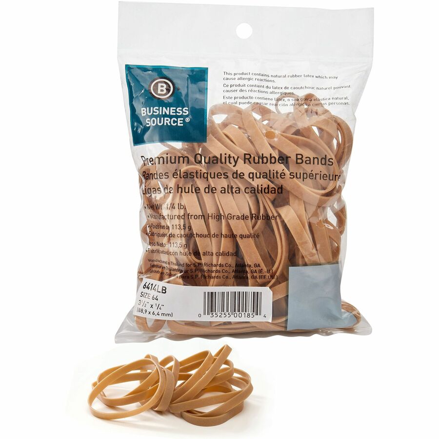 Business Source Premium Quality Rubber Bands - Size: #64 - 3.5" Length - 250 mil Thickness - 106 / Pack - Natural
