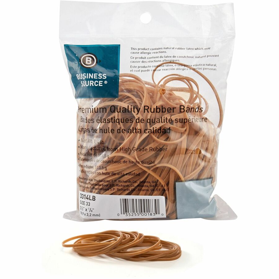 Business Source Rubber Bands - Size: #33 - 3.5" Length - 125 mil Thickness - 212 / Pack - Natural