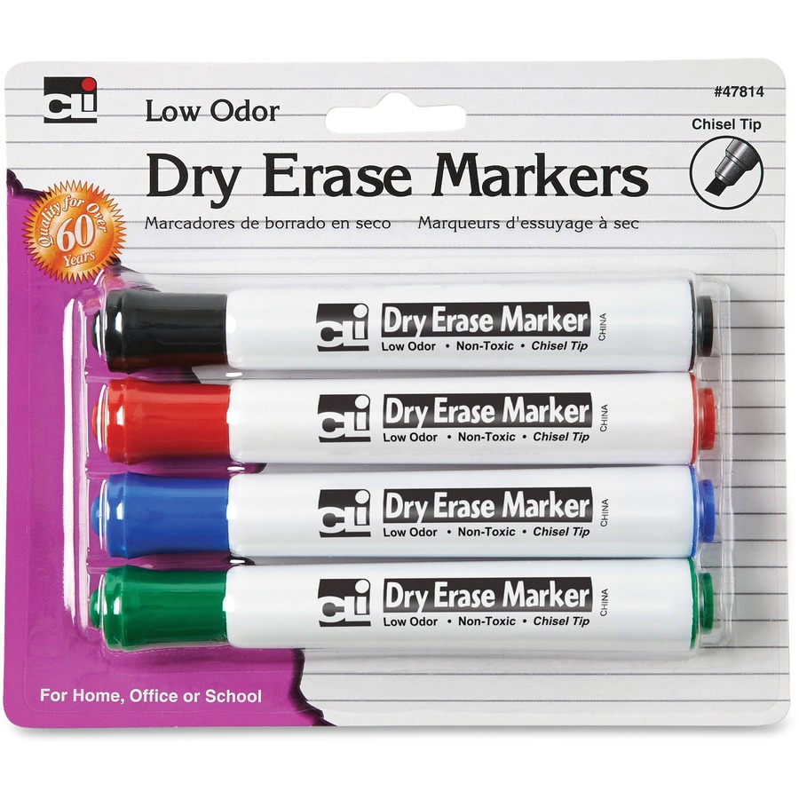 CLI Chisel Tip Dry Erase Markers - Chisel Marker Point Style - Black, Blue, Red, Green - 4 / Pack