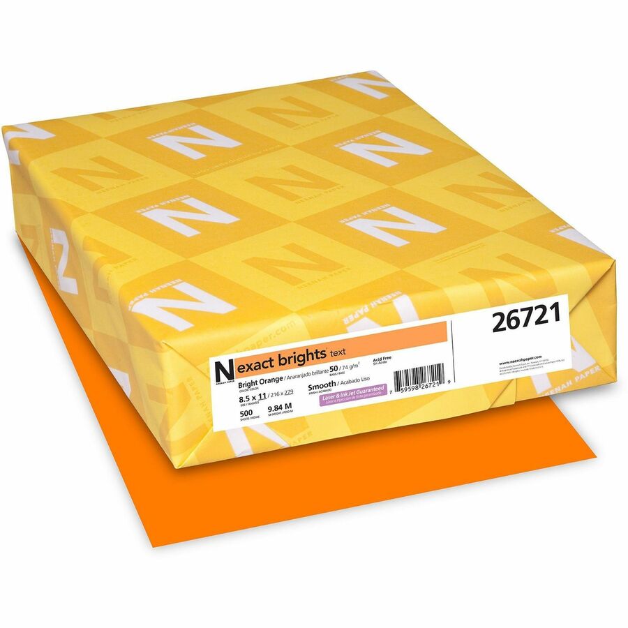 Exact Brights® Smooth Colored Paper - Orange - Letter - 8 1/2" x 11" - 50 lb Basis Weight - Smooth - 500 / Pack - Printable, Lignin-free, Acid-free, Elemental Chlorine-free