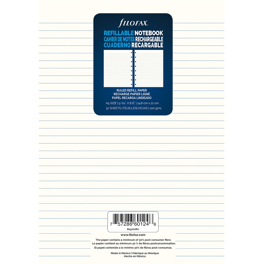 Filofax A5 Notebook Refill - 32 Sheets - Ruled - A5 - 5 4/5" x 8 19/64" - Sturdy, Resist Bleed-through, Hole-punched, Repositionable - 1 Each