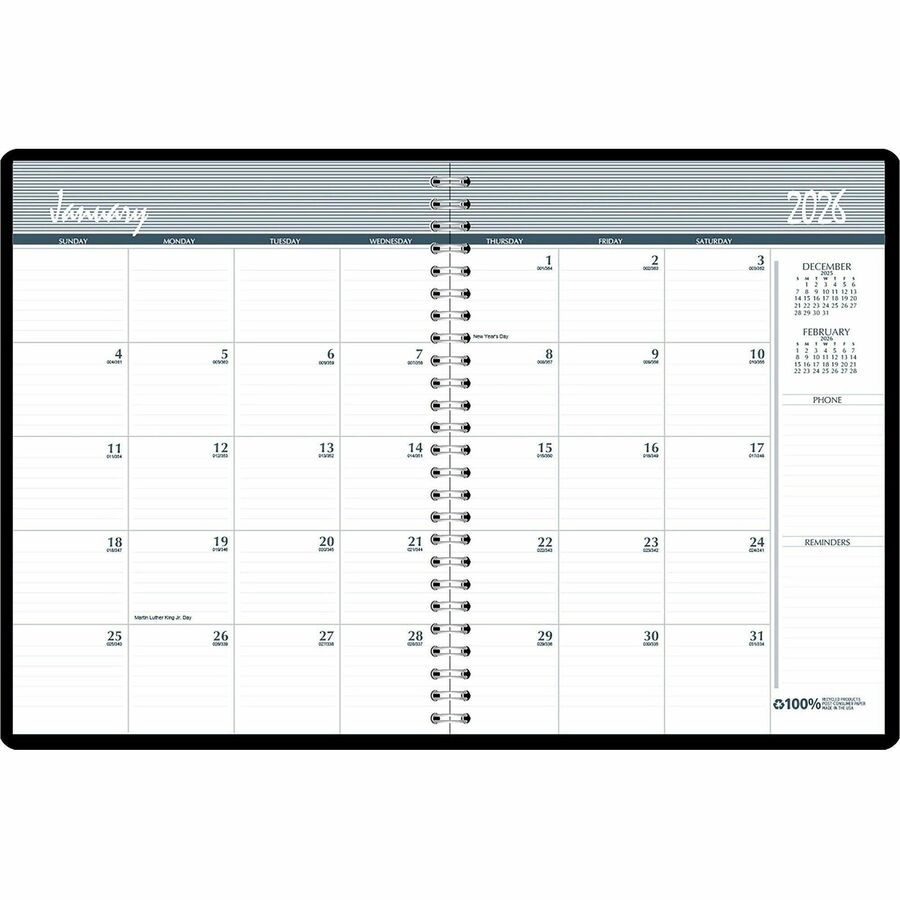 House of Doolittle 2680-02 Planner - Personal - Julian Dates - Monthly - 24 Month - January 2024 - December 2024 - 1 Month Double Page Layout - 6 55/64" x 8 3/4" Blue Sheet - Wire Bound - Leather - Black - Time Zone, Recyclable, Conversion Table, Expense Log, Holiday Listing, Reference Calendar, Memo Section, Notes Area, Phone Log Page - 1 Each