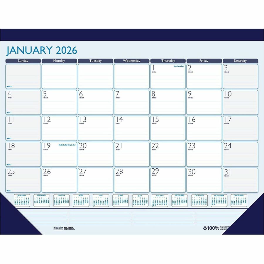 House of Doolittle Contempo Desk Pad - Large Size - Professional - Julian Dates - Monthly - 12 Month - January 2024 - December 2024 - 1 Month Single Page Layout - Desk Pad - Teal, Blue - Leatherette - 17" Height x 22" Width - Reference Calendar, Ruled Daily Block, Reference Calendar, Notes Area, Perforated Sheet - 1 Each