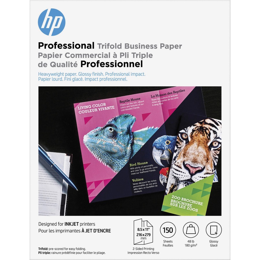 HP Professional Trifold Business Paper - White - Letter - 8 1/2" x 11" - 48 lb Basis Weight - 180 g/m² Grammage - Glossy - 150 / Pack