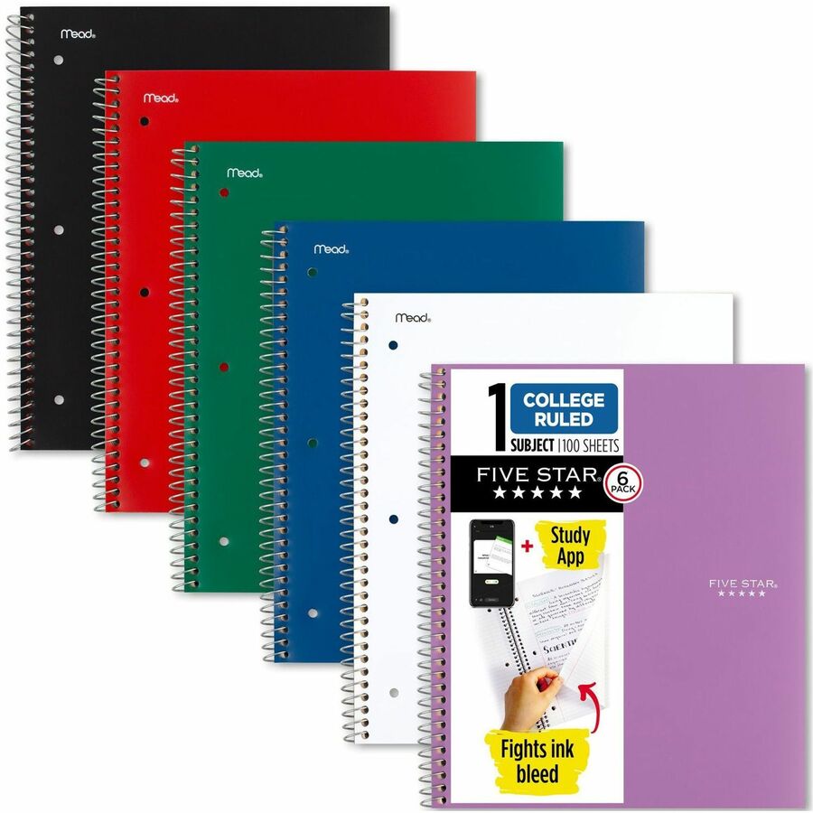 Mead Five Star Subject Spiral Notebook - 1 Subject(s) - 100 Sheets - Wire Bound - 3 Hole(s) - 11" x 8 1/2" - 3" x 10" x 11" - AssortedPlastic, Paperboard Cover - Dual-pocket Divider, Water Resistant, Durable, Bleed Resistant, Perforated, Spiral Lock - 6 / Pack