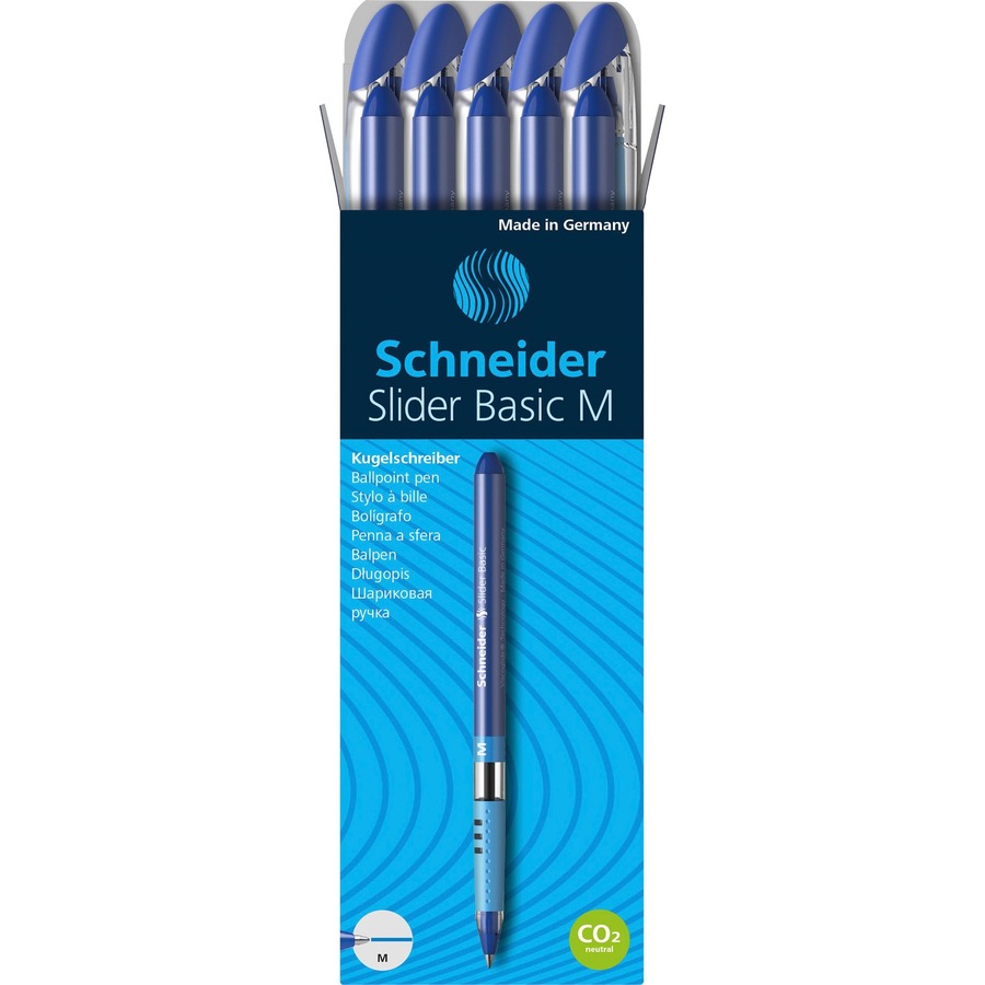 Schneider Slider Basic Medium Ballpoint Pen - Medium Pen Point - 1 mm Pen Point Size - Blue - Transparent Rubberized, Blue Barrel - Stainless Steel Tip - 10 / Pack