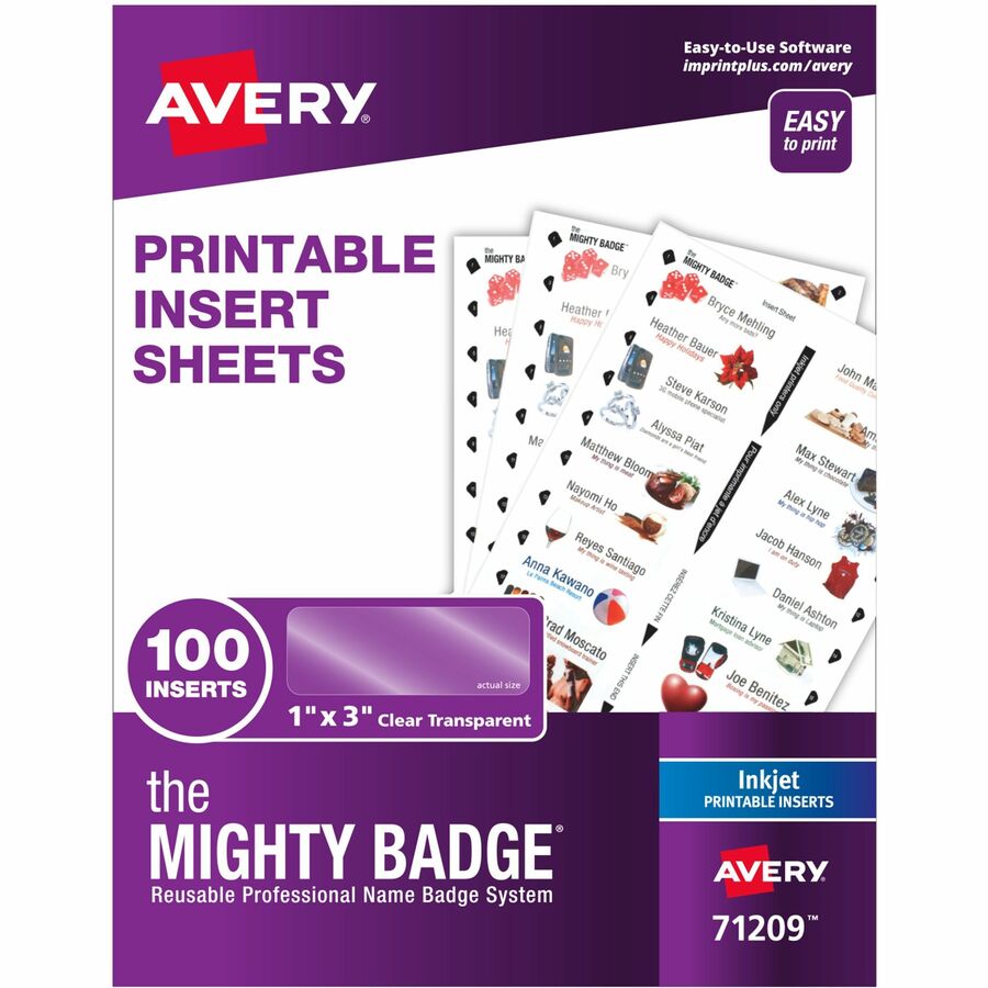 The Mighty Badge® The Mighty Badge Printable Insert Sheets, 100 Clear Inserts, Inkjet - 1" x 3" - 100 / Pack - Printable, Non-adhesive, Reusable