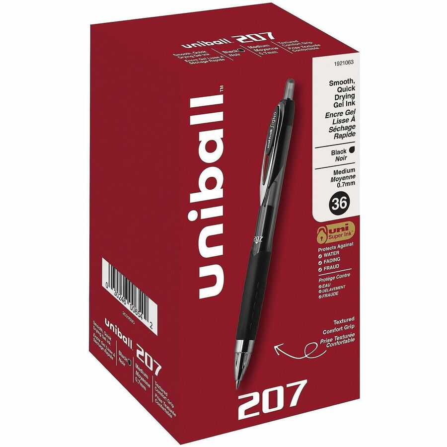 uniball™ 207 Gel Pen - Medium Pen Point - 0.7 mm Pen Point Size - Refillable - Retractable - Black Pigment-based Ink - 36 / Pack