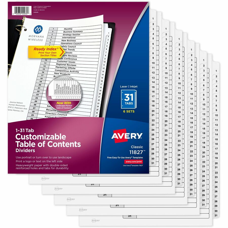 Avery® 1-31 Custom Table of Contents Dividers - 186 x Divider(s) - 1-31, Table of Contents - 31 Tab(s)/Set - 8.5" Divider Width x 11" Divider Length - 3 Hole Punched - White Paper Divider - White Paper Tab(s) - 6 / Pack