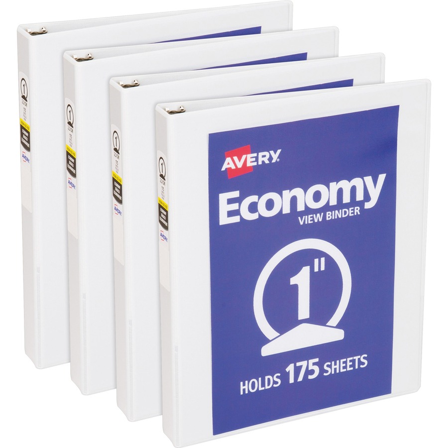 Avery® Economy View Binder - 1" Binder Capacity - Letter - 8 1/2" x 11" Sheet Size - 175 Sheet Capacity - 3 x Round Ring Fastener(s) - 2 Internal Pocket(s) - Vinyl-covered Chipboard - White - 15.84 oz - Gap-free Ring, Exposed Rivet, Non Locking Mechanism, Clear Overlay - 4 / Bundle