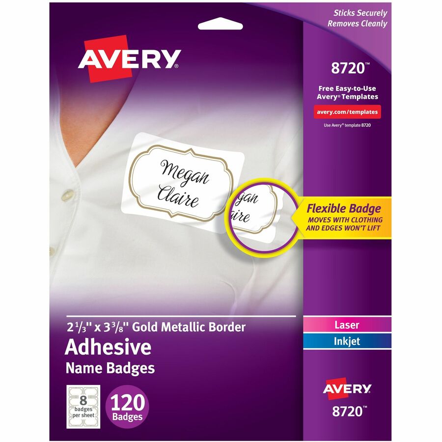 Avery® Self-Adhesive Removable Name Tag Labels with Gold Metallic Border - 120 / Pack - 2.33" Holding Width x 3.38" Holding Height - Rectangular Shape - Flexible, Self-adhesive, Removable, Printable, PVC-free - White