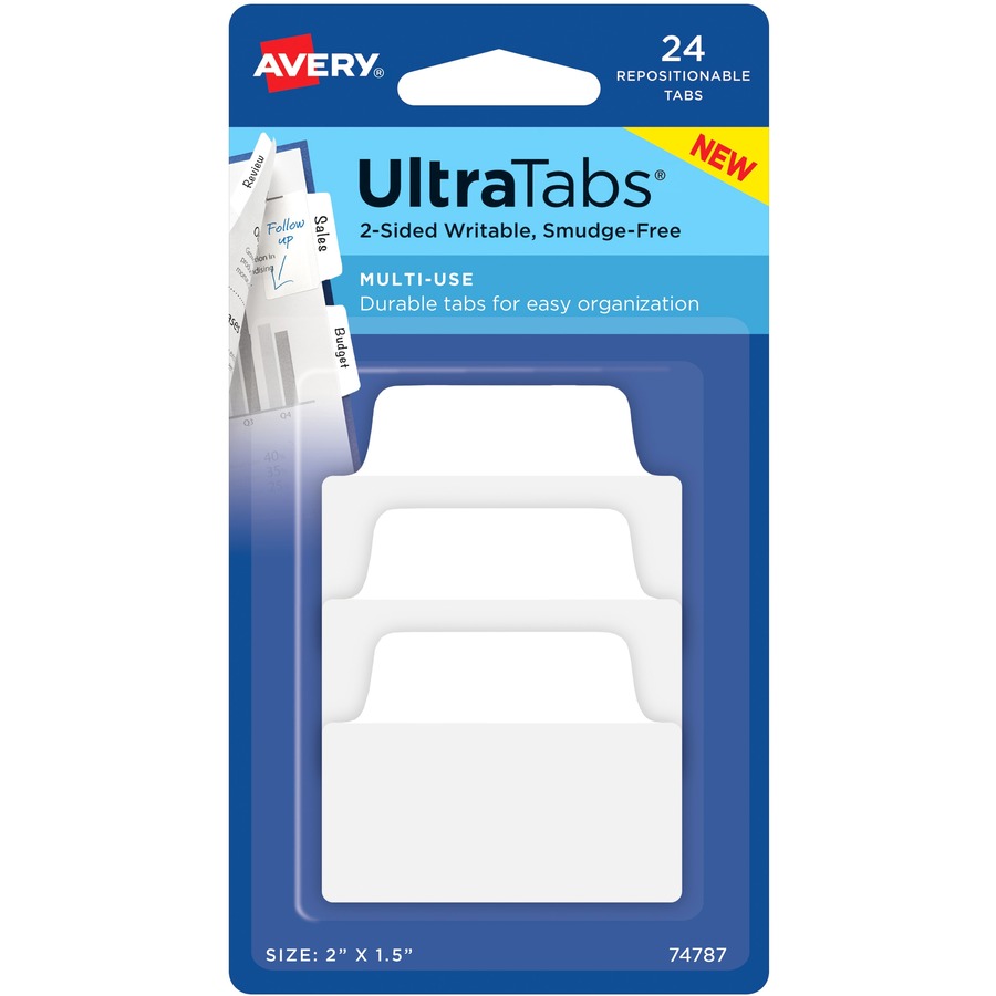 Avery® Ultra Tabs Repositionable Multi-Use Tabs - 24 Tab(s) - 8 Tab(s)/Set - Clear Film, White Paper Tab(s) - 3