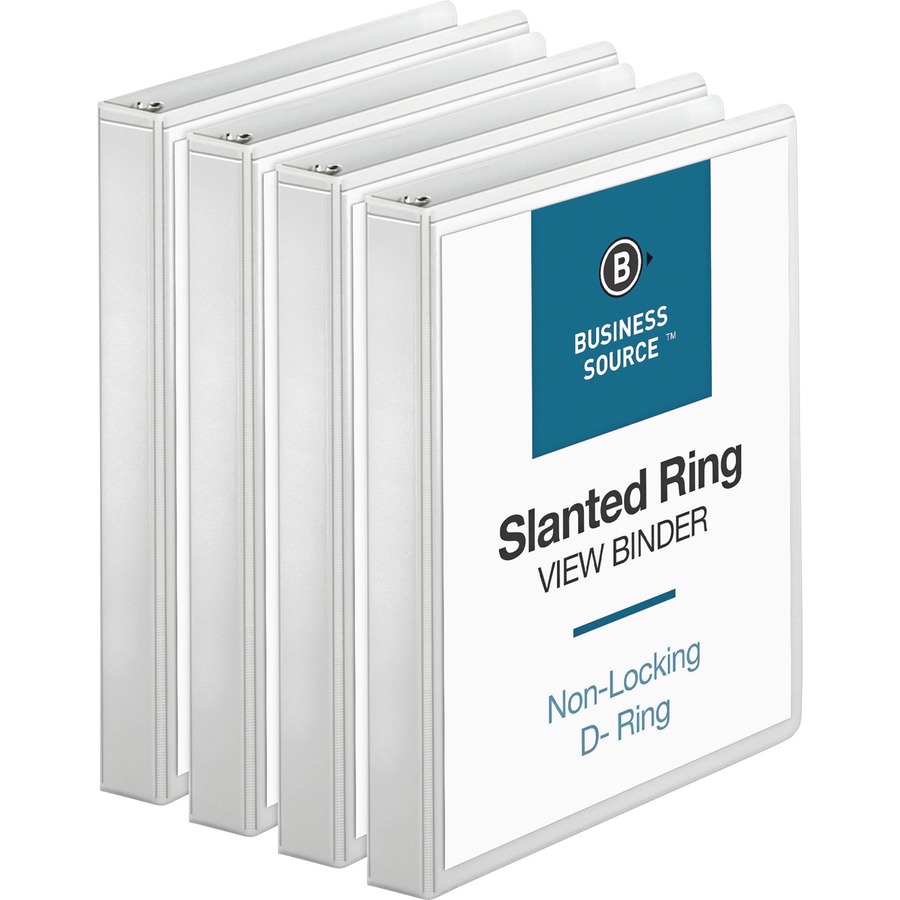 Business Source Basic D-Ring View Binders - 1" Binder Capacity - Letter - 8 1/2" x 11" Sheet Size - 240 Sheet Capacity - 3 x Slant D-Ring Fastener(s) - Internal Pocket(s) - Polypropylene - White - Sturdy, Clear Overlay, Spine Label, Non-glare, Exposed Rivet - 4 / Bundle