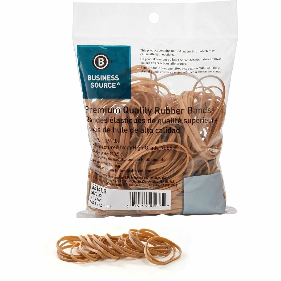 Business Source Rubber Bands - Size: #32 - 3" Length - 125 mil Thickness - 237 / Pack - Natural