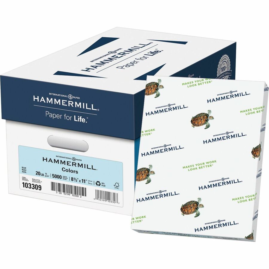 Hammermill Colors Recycled Copy Paper - Blue - Letter - 8 1/2" x 11" - 20 lb Basis Weight - Smooth - 5000 / Carton - FSC - Jam-free, Archival-safe, Acid-free