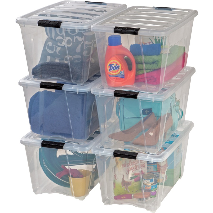 IRIS Stackable Clear Storage Boxes - Internal Dimensions: 16.10" Length x 11.60" Width x 12.20" Height - External Dimensions: 22" Length x 16.5" Width x 13" Height - 13.25 gal - Latch Lock, Buckle Closure - Stackable - Clear, Black - For Shoes, Blanket, Equipment, Decoration Equipment - 6 / Carton