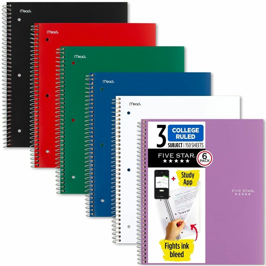Mead Five Star Subject Spiral Notebook - 3 Subject(s) - 150 Sheets - 300 Pages - Wire Bound - 3 Hole(s) - 11" x 8 1/2" - AssortedPlastic, Paperboard Cover - Water Resistant, Bleed Resistant, Perforated, Spiral Lock, Storage Pocket, Dual-pocket Divider, Durable - 6 / Pack