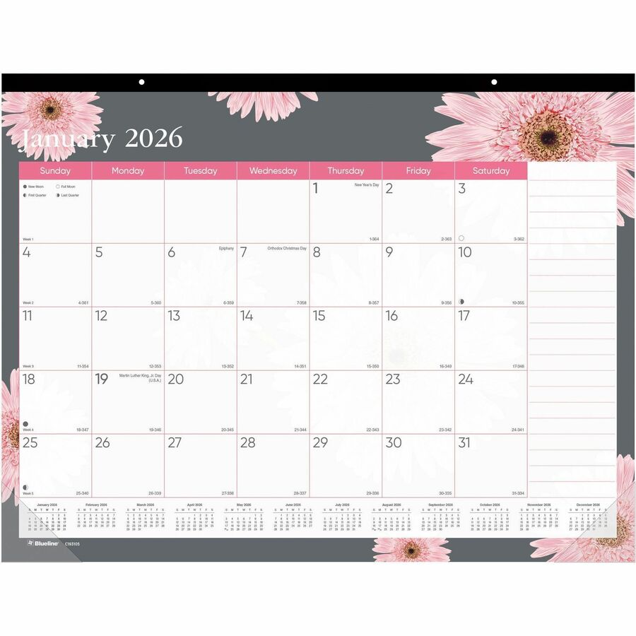 Rediform Monthly Floral Desk Pad - Monthly - 12 Month - 1 Month Double Page Layout - 17" x 22" Sheet Size - Desk Pad - Pink, Multi - Chipboard - Floral Design, Unruled Daily Block, Notes Area, Moon Phases, Reference Calendar, Reinforced, Yearly Calendar - 1 Each