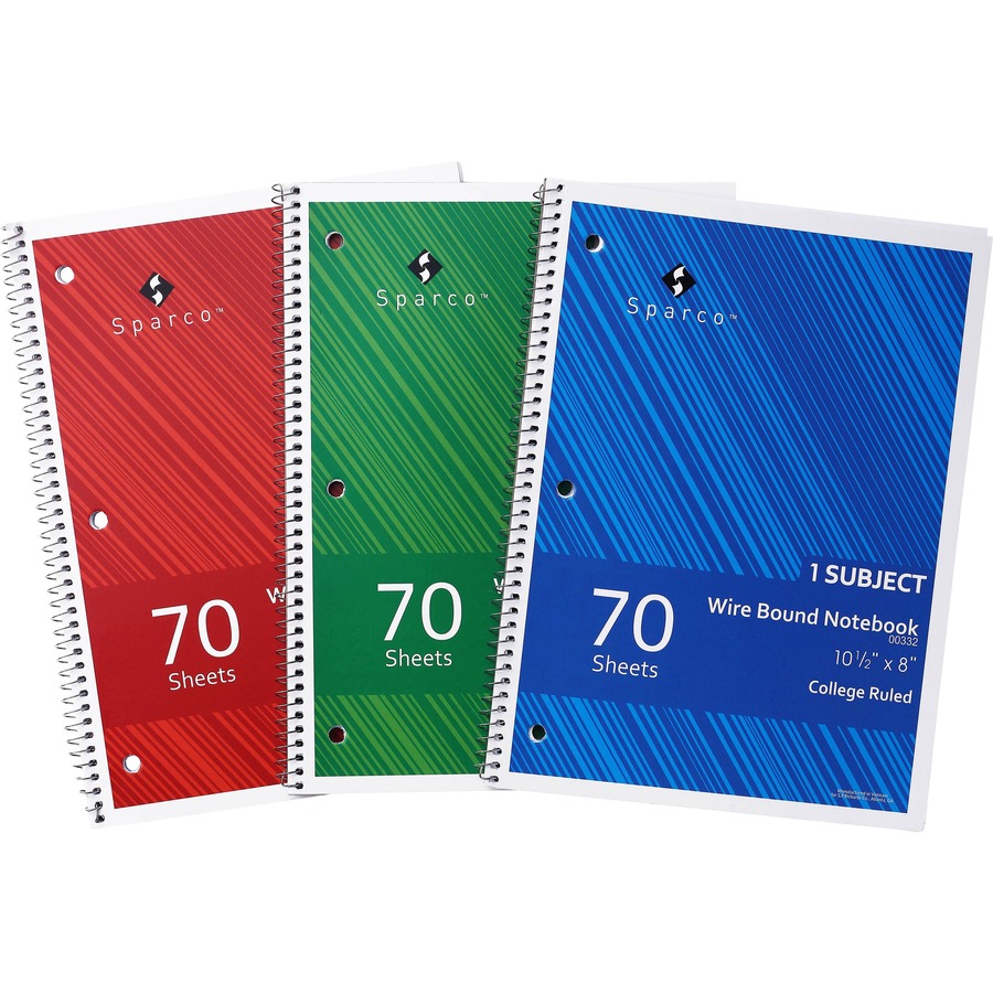 Sparco College Ruled Wire-bound Notebook - Wire Bound - 3 Hole(s) - 0.25" x 8" x 10.5" - Stiff-cover, Stiff-back, Perforated - 3 / Pack