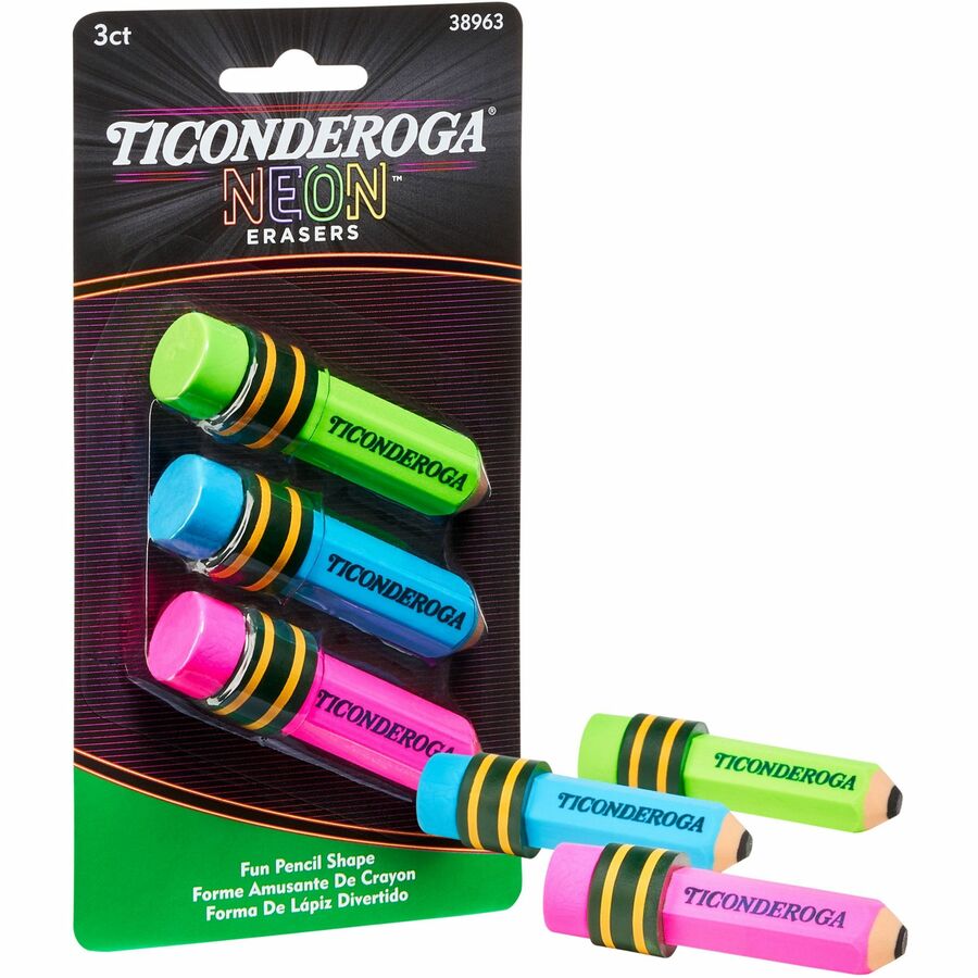 Ticonderoga Style Eraser - Neon Assorted - Assorted - Pencil - 3 Each - Latex-free, Non-toxic, Smudge-free