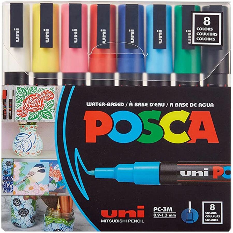 uni® Posca PC-3M Paint Markers - Fine Marker Point - Green, Blue, Light Blue, Yellow, Red, Pink, White, Black Water Based, Pigment-based Ink - 8 / Pack