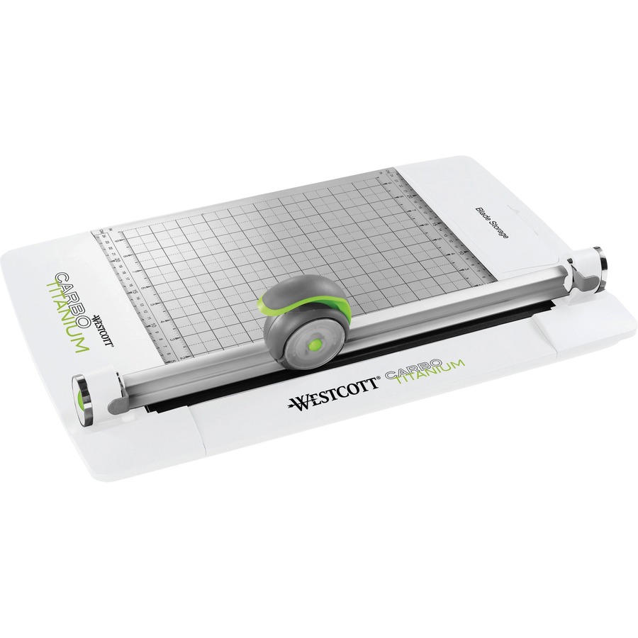 Westcott CarboTitanium Rotary Trimmer - CarboTitanium Blade - 12" Cutting Length - Multi-position Push Button - White, Green - 19.3" Length - 1 Each