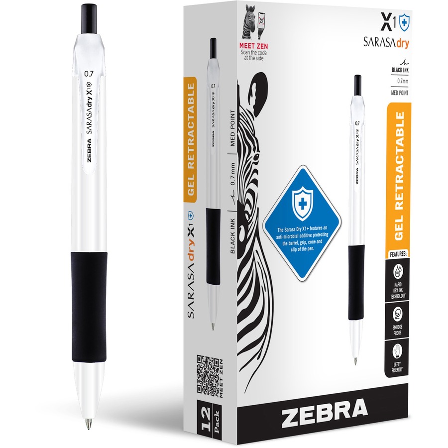 Zebra SARASA dry X1  Retractable Gel Pen - Medium Pen Point - 0.7 mm Pen Point Size - Refillable - Retractable - Black Gel-based, Dry Ink - White Plastic Barrel - 12 / Dozen