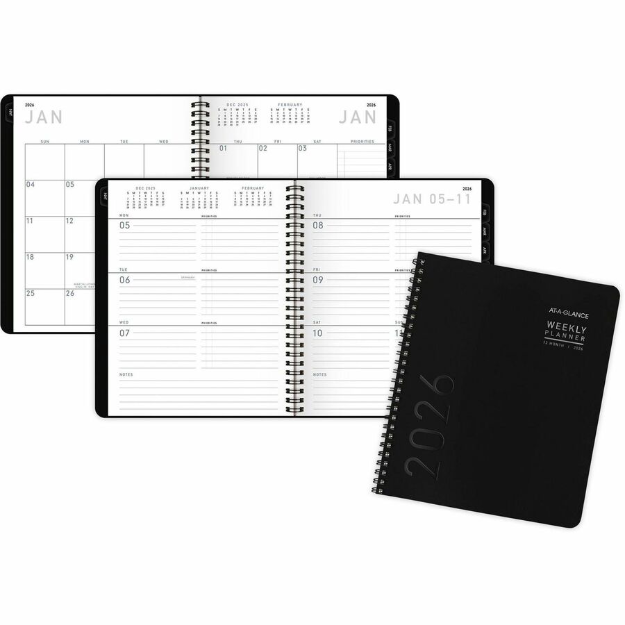 At-A-Glance Contemporary Lite Planner - Monthly, Weekly - 12 Month - January 2024 - December 2024 - 1 Week, 1 Month Double Page Layout - 7" x 8 3/4" Sheet Size - Twin Wire - Black - Paper - Black, Gold - Bleed Resistant Paper, Ruled Planning Space, Notes Area, Unruled Daily Block - 1 Each
