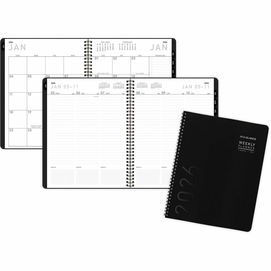 At-A-Glance Contemporary Lite Planner - Monthly, Weekly - 12 Month - January 2024 - December 2024 - 8:00 AM to 5:30 PM - Monday - Friday - 1 Week, 1 Month Double Page Layout - 8 1/4" x 11" Sheet Size - Twin Wire - Black - Paper - Black, Gold - Bleed Resistant Paper, Notes Area, Unruled Daily Block, Dated Planning Page - 1 Each