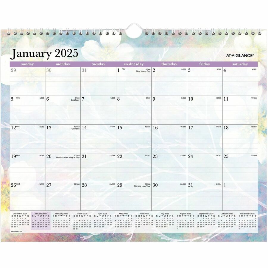 At-A-Glance Dreams Monthly Wall Calendar - Monthly - 12 Month - January 2024 - December 2024 - 1 Month Single Page Layout - 12" Sheet Size - Twin Wire - Blue, White, Purple, Yellow - Paper - 12" Height x 15" Width - Dated Planning Page, Bleed Resistant Paper, Ruled Daily Block, Reminder Section, Hanging Loop, Reference Calendar - 1 Each