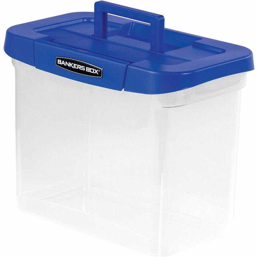 Bankers Box® Heavy Duty Portable Plastic File Box - Internal Dimensions: 11.75" Width x 6.75" Depth x 10.75" Height - External Dimensions: 14.3" Width x 8.6" Depth x 11.1" Height - Media Size Supported: Letter - x File - Lid Lock Closure - Stackable - Plastic, Polypropylene - Clear, Blue - For File - 1 Each - TAA Compliant
