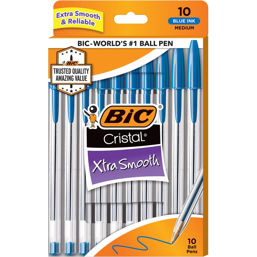 BIC Cristal Ballpoint Stick Pens - Medium Pen Point - Blue - Clear Barrel - 10 / Pack