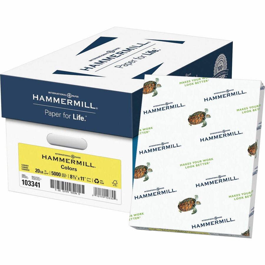 Hammermill Colors Recycled Copy Paper - Canary - Letter - 8 1/2" x 11" - 20 lb Basis Weight - Smooth - 5000 / Carton - FSC - Jam-free, Archival-safe, Acid-free