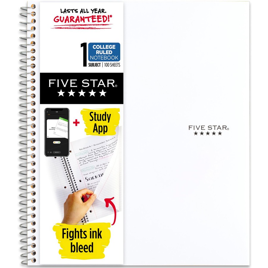 Mead Five Star Wirebound Notebook, 1 Subject, College Ruled, 11" x 8 1/2" , White - 1 Subject(s) - 100 Sheets - 100 Pages - Wire Bound - 11" x 8 1/2" - Bleed Resistant, Durable, Water Resistant, Wear Resistant, Tear Resistant, Spill Resistant, Pocket, Reinforced, Double Sided Sheet, Pocket Divider, Opaque - 1 Each