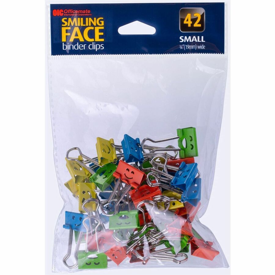 Officemate Smiling Faces Binder Clips - Small - 2.9" Length x 0.8" Width - 0.38" Size Capacity - Foldable, Removable Handle - 42 / Bag - Green, Red, White, Yellow