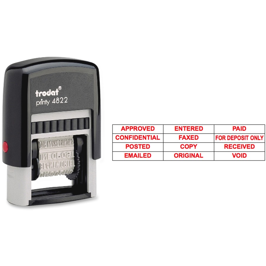 Trodat U.S. Stamp & Sign 12 Message Stamp - Message Stamp - "APPROVED, CONFIDENTIAL, COPY, EMAILED, ENTERED, FAXED, FOR DEPOSIT ONLY, ORIGINAL, PAID, POSTED, RECEIVED, ..." - 0.38" Impression Width x 1.25" Impression Length - 10000 Impression(s) - Red - Recycled - 1 Each