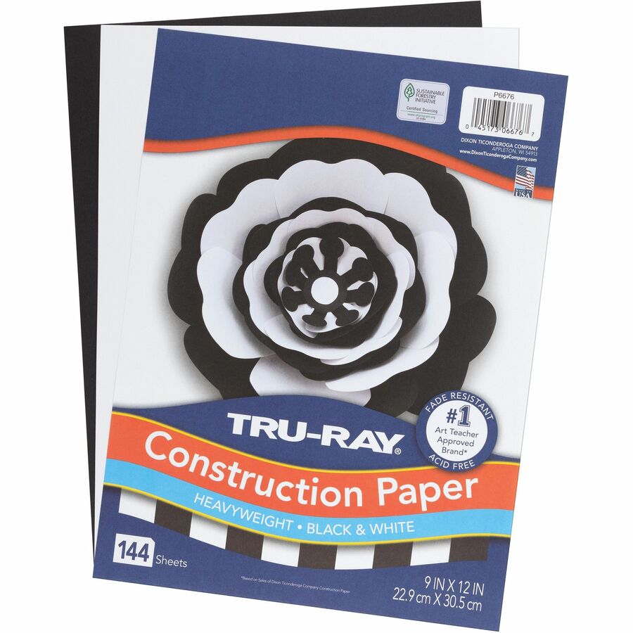Tru-Ray Tru-Ray Construction Paper - Art Project, Craft Project - 9"Width x 12"Length - 144 Sheet - Black, White - Sulphite, Fiber, Paper